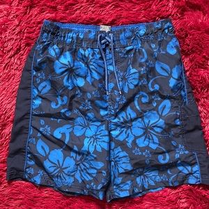 Dark navy hibiscus swim trunks 🌺